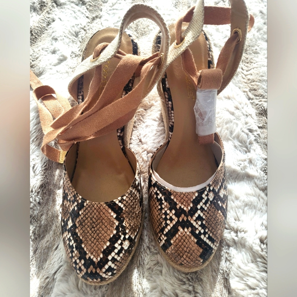 Faux snakeskin wedges with lace up ankle ties